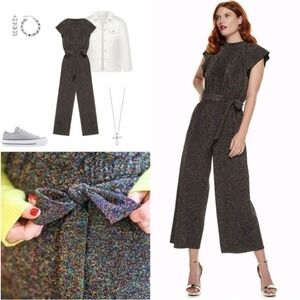 Nine West‎ Flutter Sleeve Jumpsuit M- Multi Sparkle Belted Wide Leg Party Career